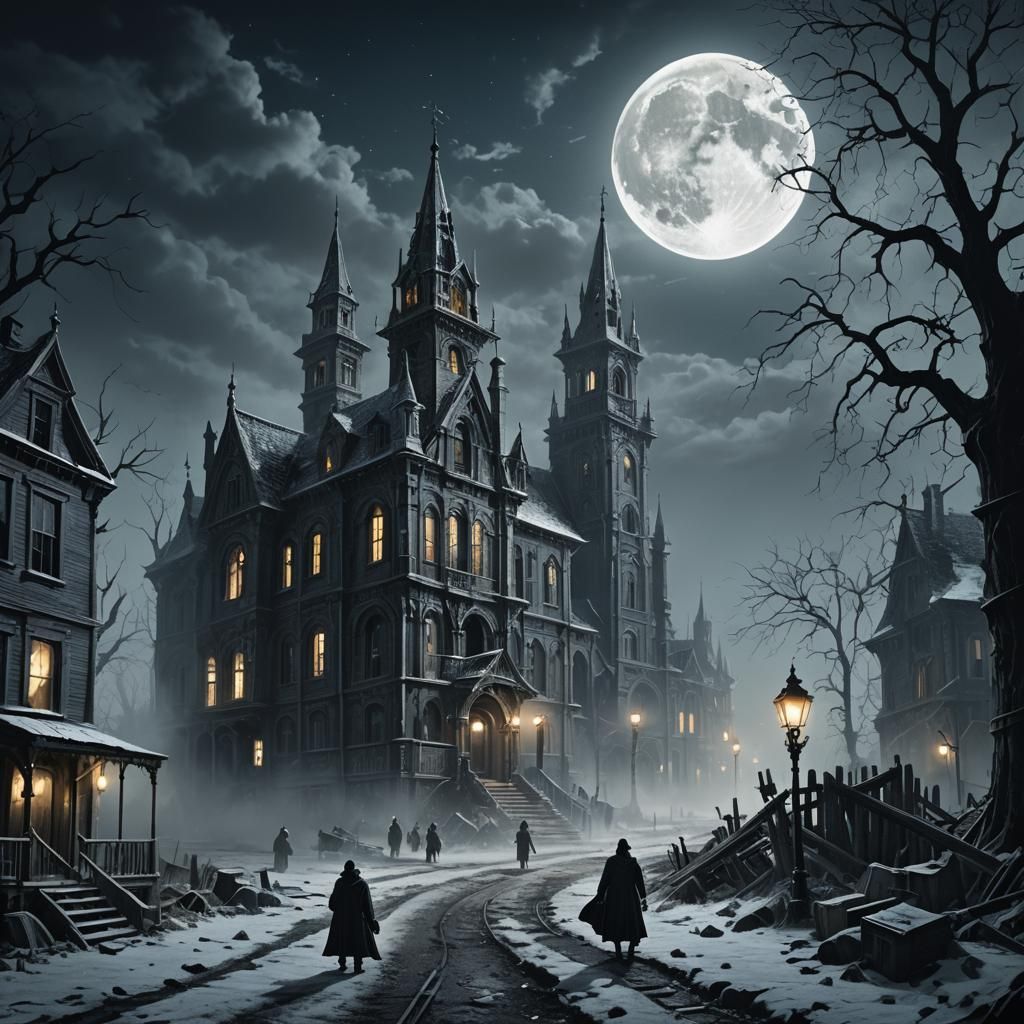 Eerie Abandoned Town Under Full Moon in Gothic Horror Style