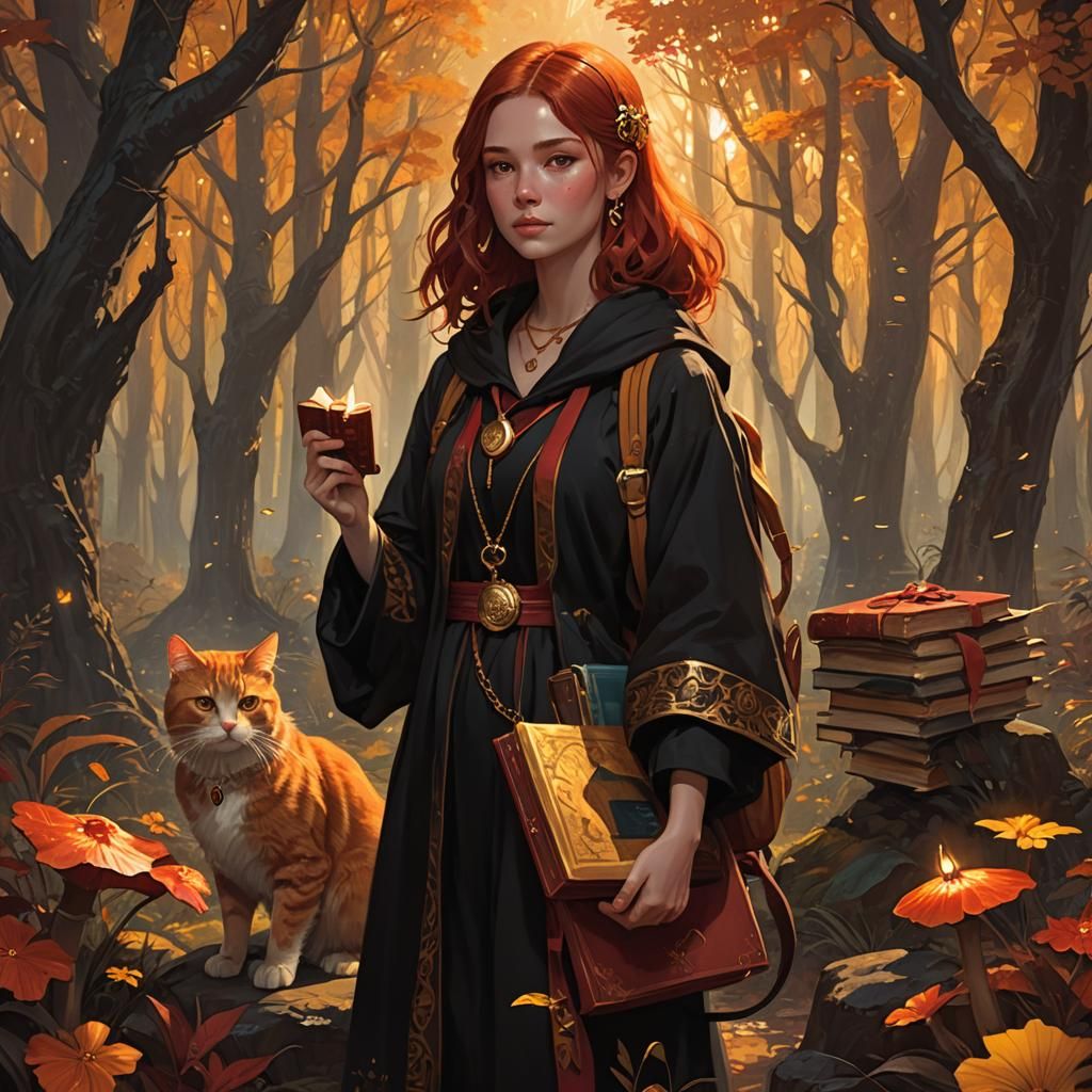 Girl with Cat in Mystical Dark Fantasy Forest
