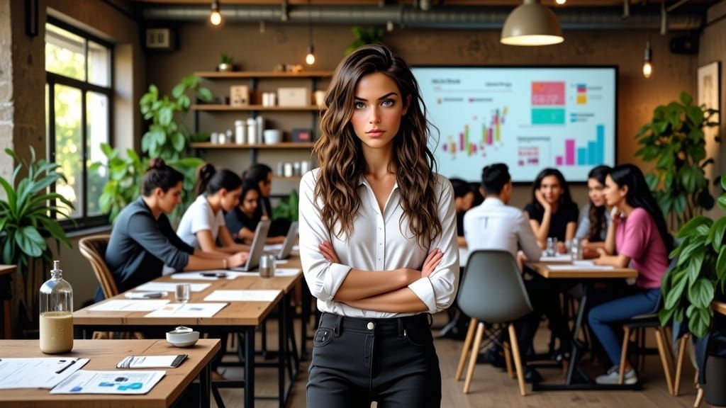 Empowered Woman Leading in Eco-Friendly Office, Illustrative...