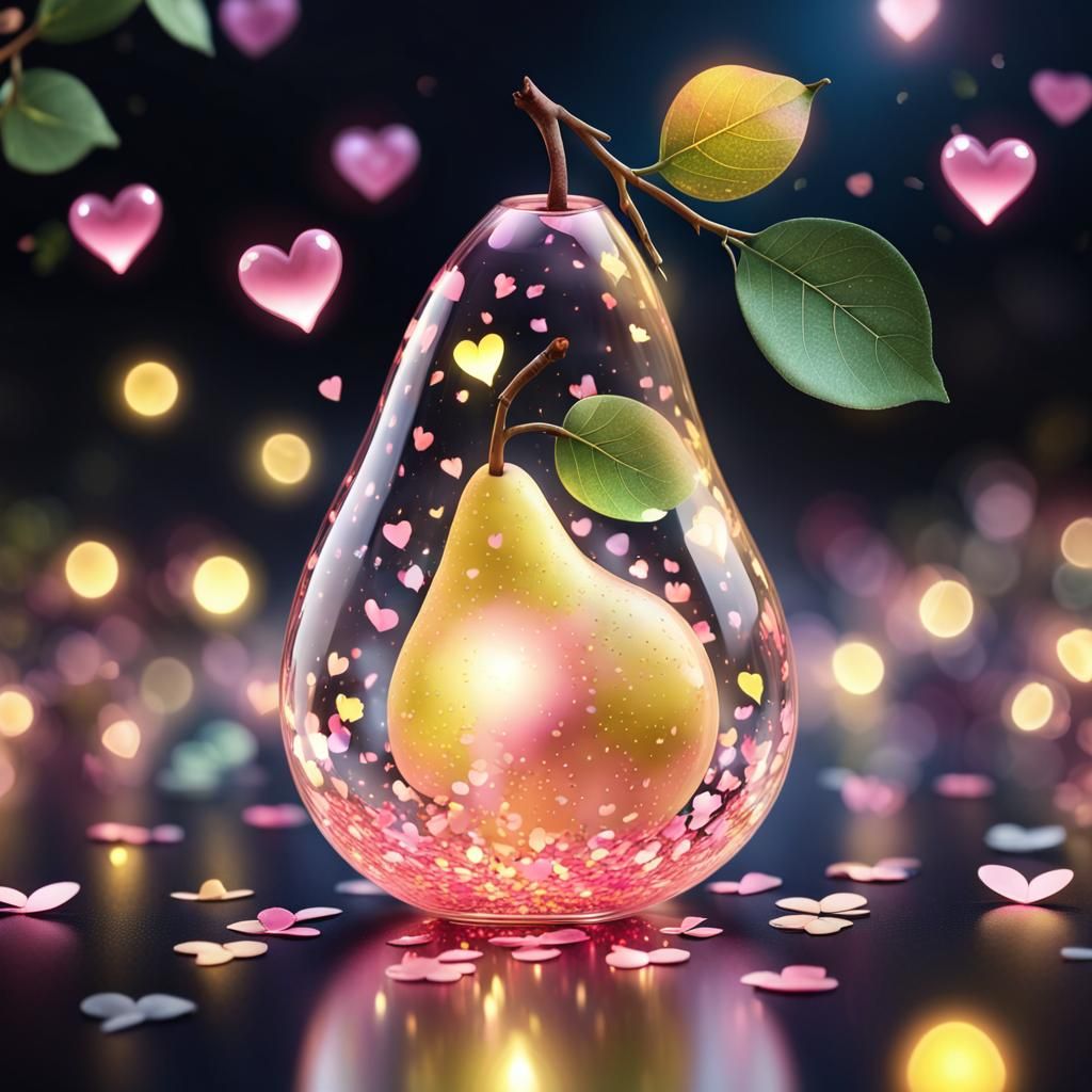 Illuminated Pear in Glass with Confetti Hearts