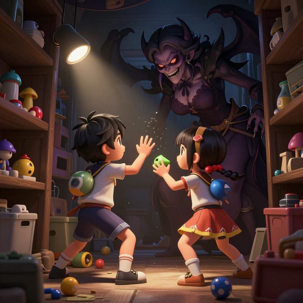 Children Battle Evil Grandmother in Closet in 3D Anime Style