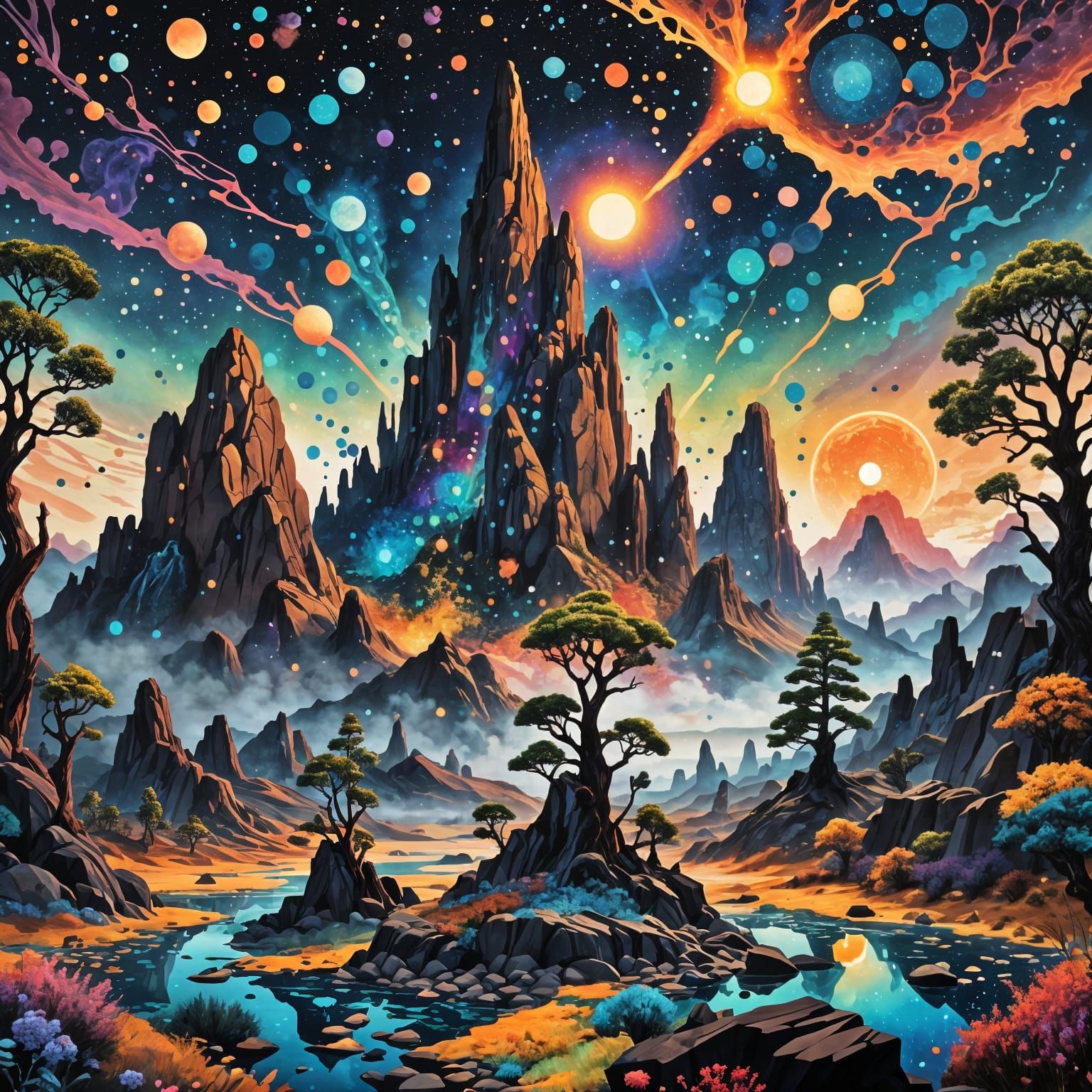 Surreal Alien Landscape in Pointillism Style
