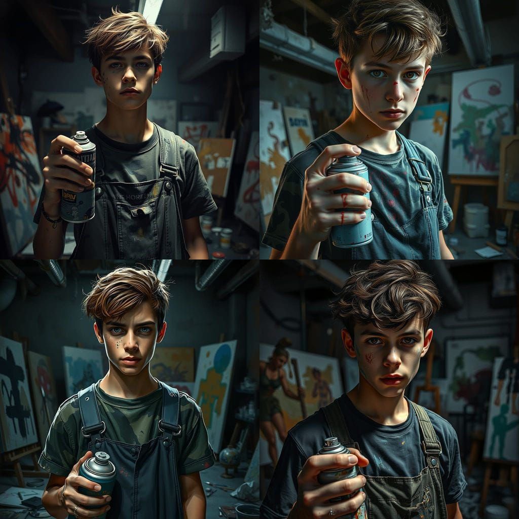 Artist with Spray Can in Gritty Studio