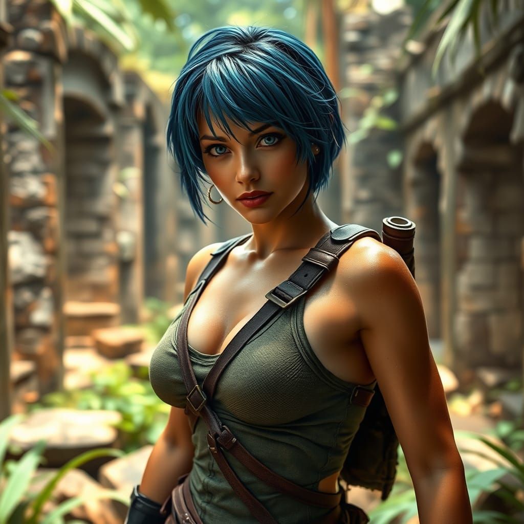 Confident Woman Poses in Jungle Ruins