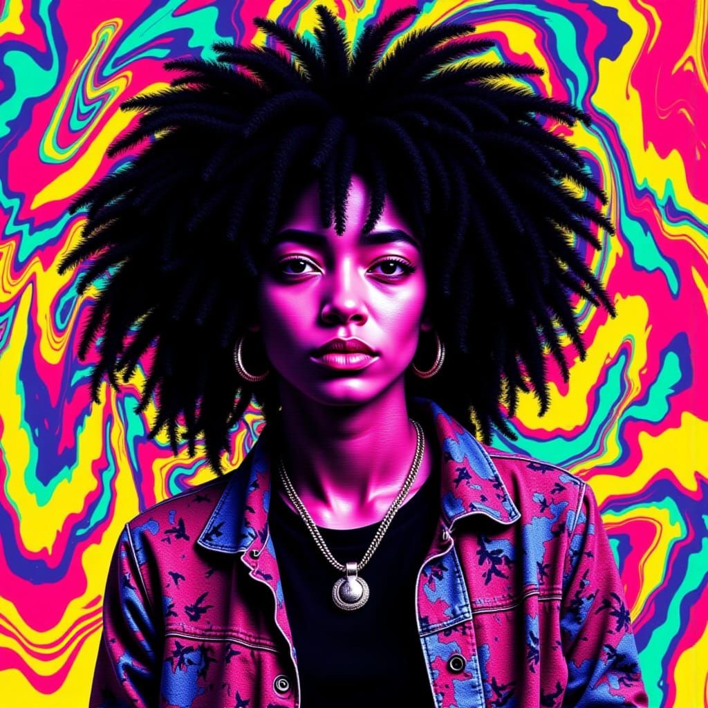 Afro Textured Woman in Vibrant Glitchcore Portrait