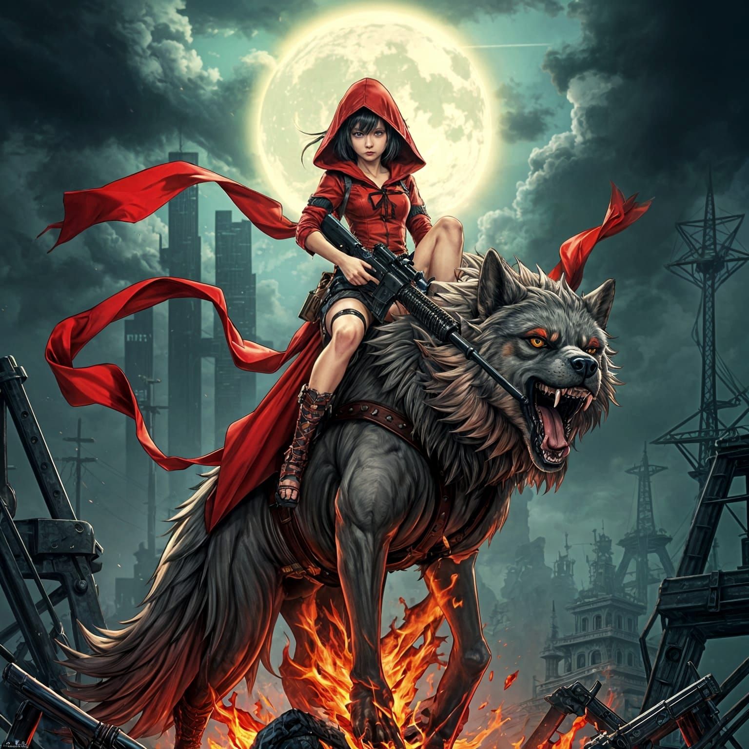 Punkrock Little Red Riding Hood Rides Angry Wolf on Red Carp...