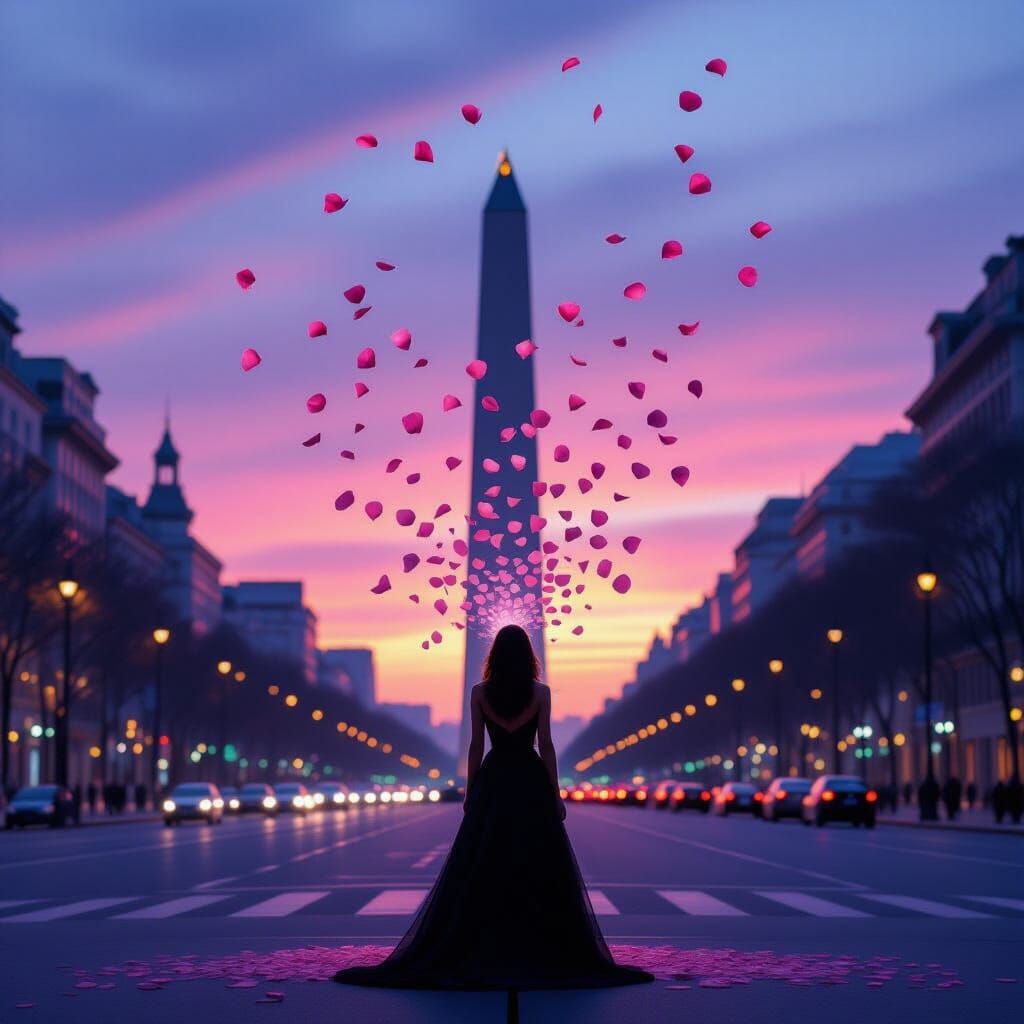 Woman Unravels into Rose Petals Below Buenos Aires Obelisco