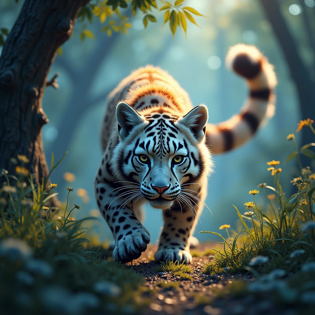 Snow Leopard-Red Panda Hybrid in Magical Forest