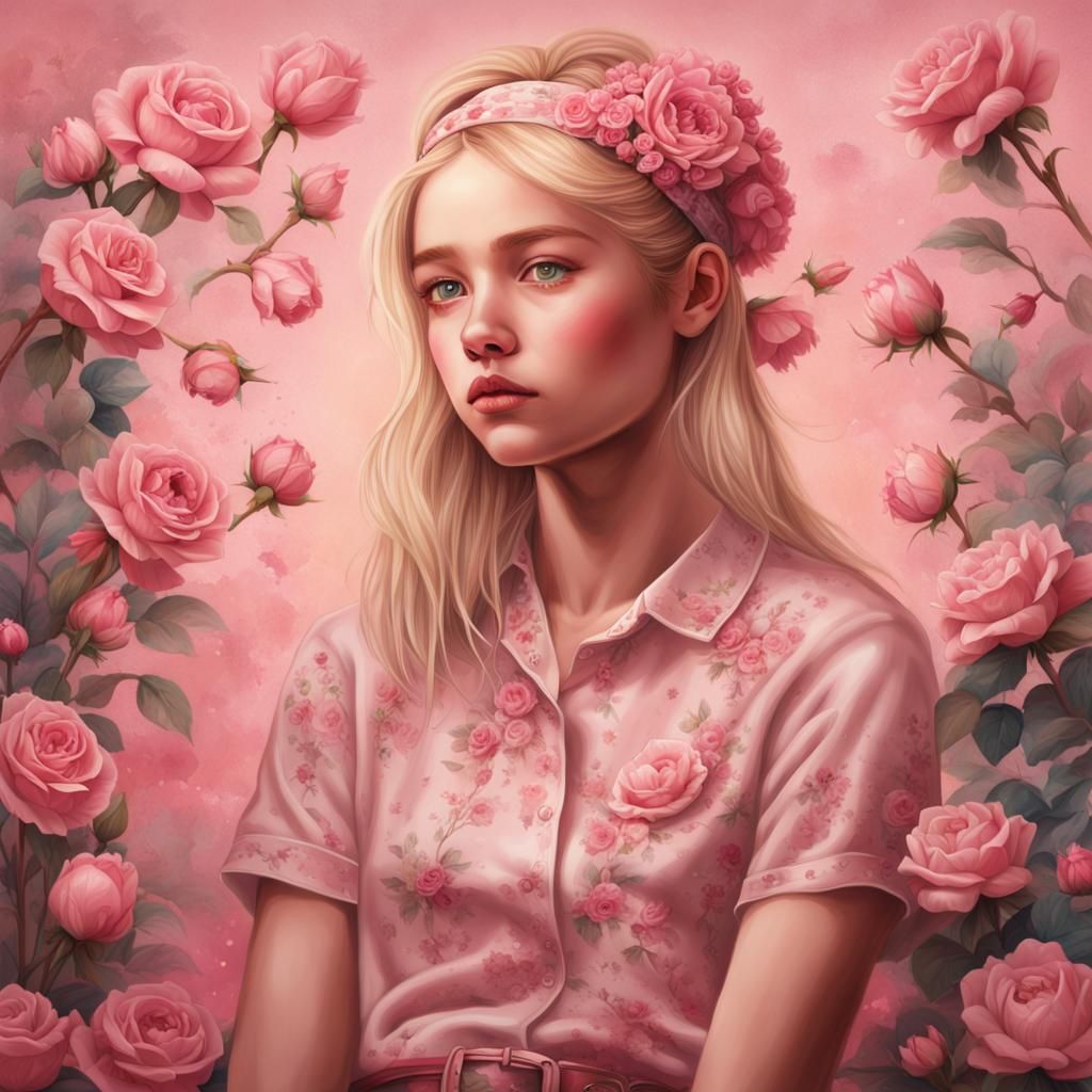 Blonde Girl in Pink Floral Dress: Hyperrealistic Portrait