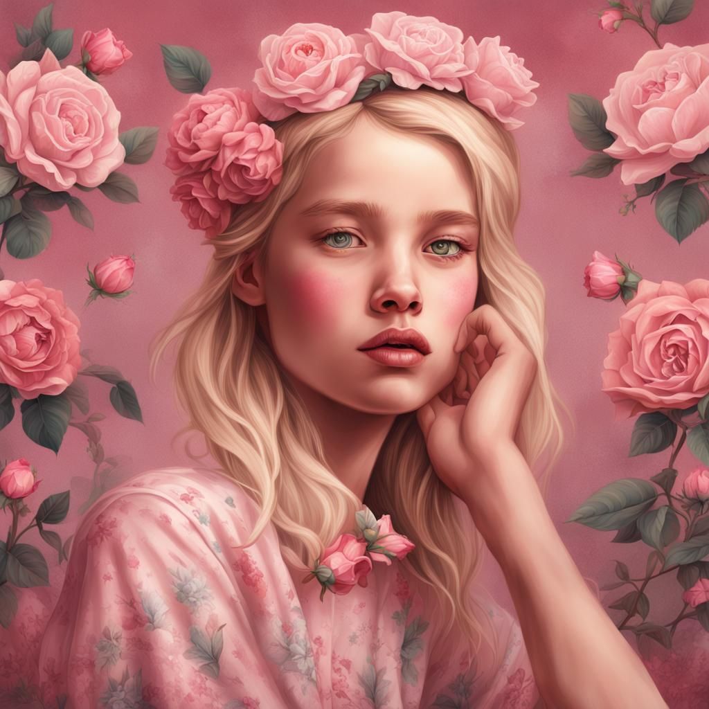 Hyperrealistic Blonde Girl in Pink Floral Dress