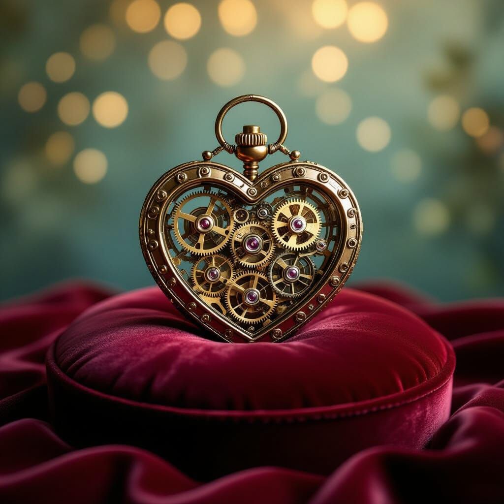 Clockwork Heart on Crimson Cushion