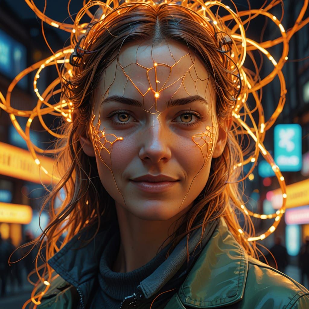 Hyperrealistic Portrait of Woman with Digital Circuitry