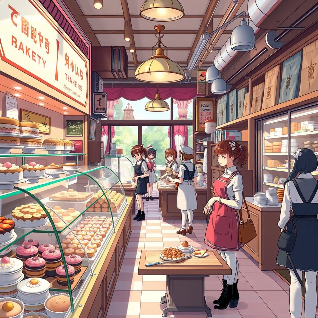 Anime Bakery Scene with Vibrant Pastries and Shoppers