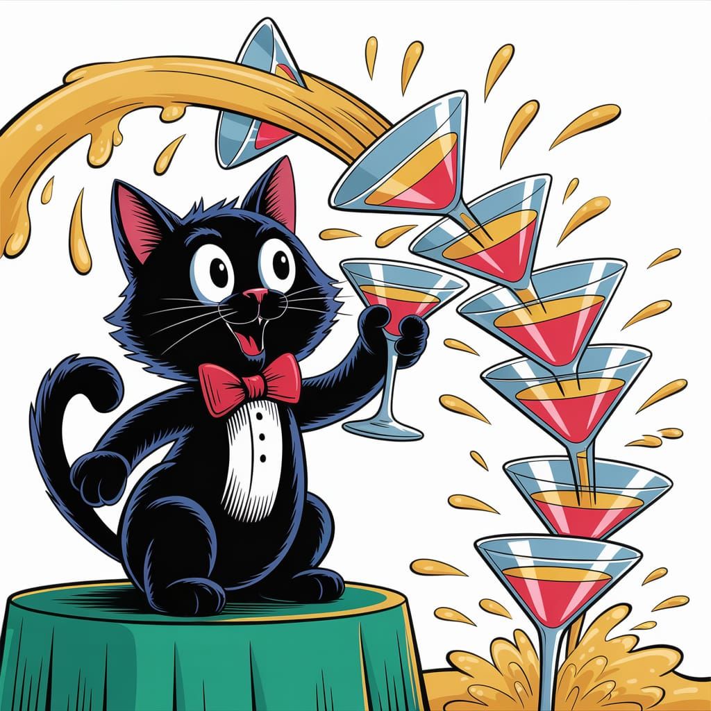 Pop Art Black Cat in Tuxedo Grasping Martini Glass