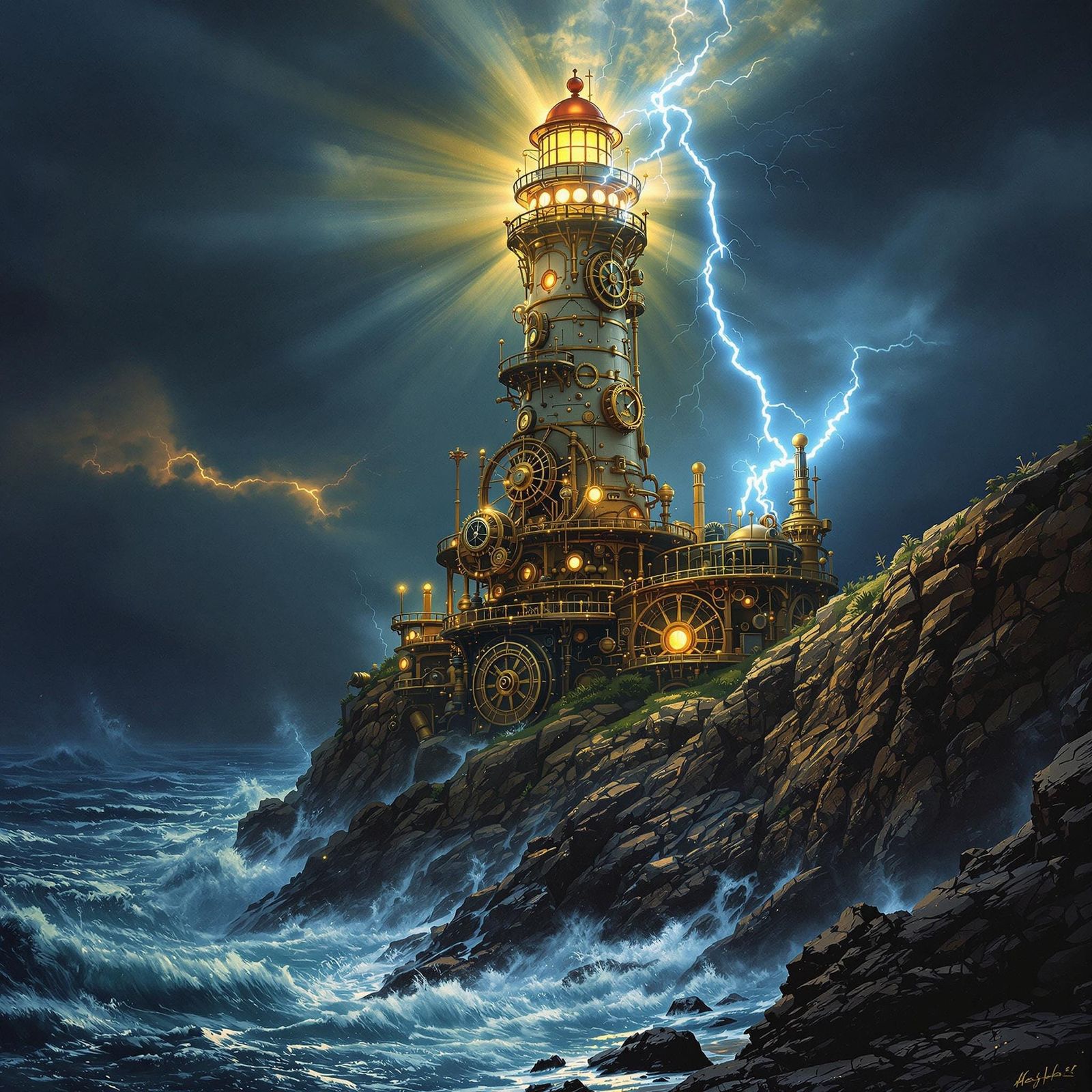 Steampunk Lighthouse on Stormy Cliff in Matte Style