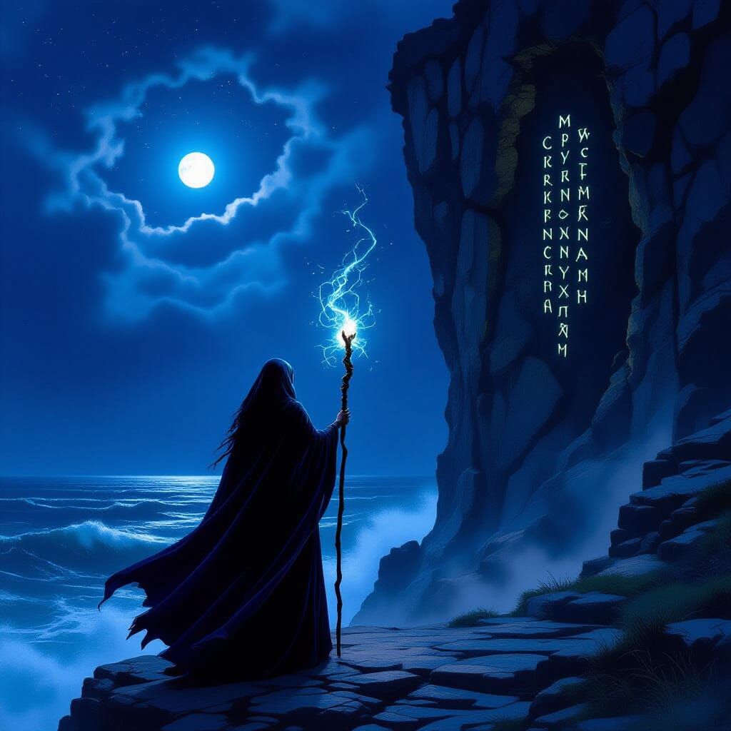 Sorceress on Cliff Overlooking Starlit Ocean