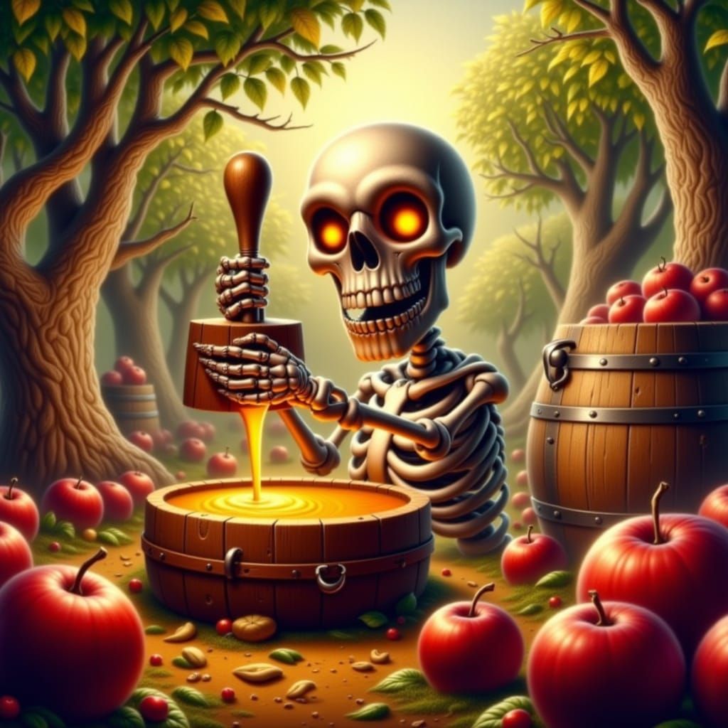 Cute Skeleton Makes Apple Cider in Sun-Dappled Orchard