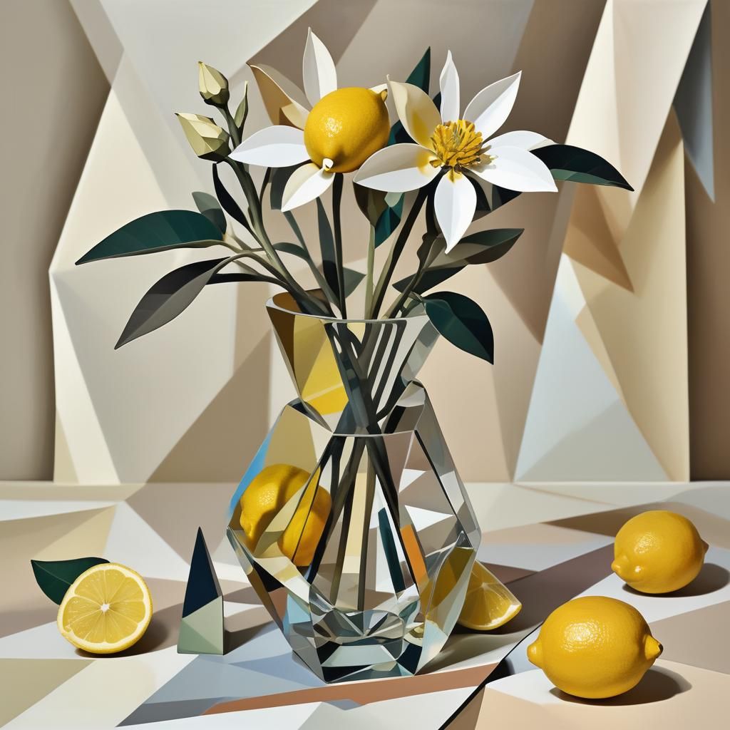 Cubist Still Life with Flower and Lemon