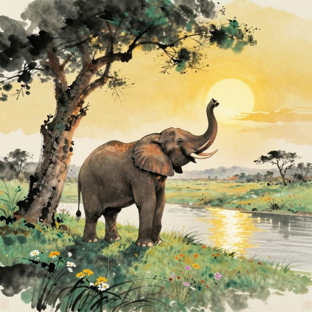 Majestic Elephant on Savannah Hill in Dreamy Ink Wash Style