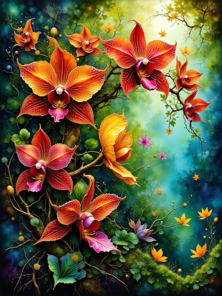 Exotic Orchids with Golden Filigree in Lush Jungle