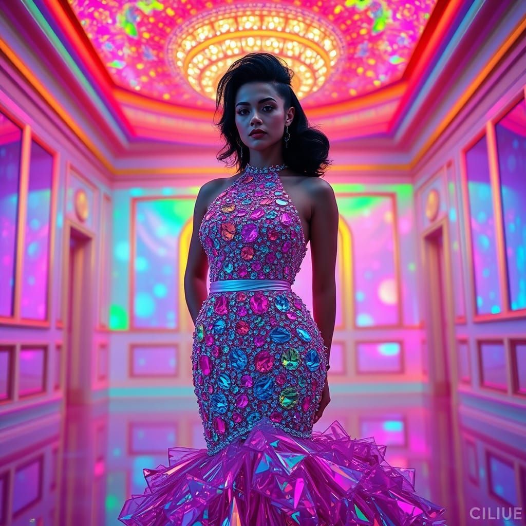 Crystal Dress in Fluorescent Ballroom, Hyperrealistic Detail