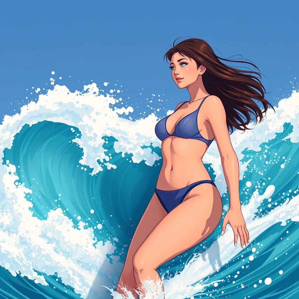 Anime Woman Surfing a High Wave