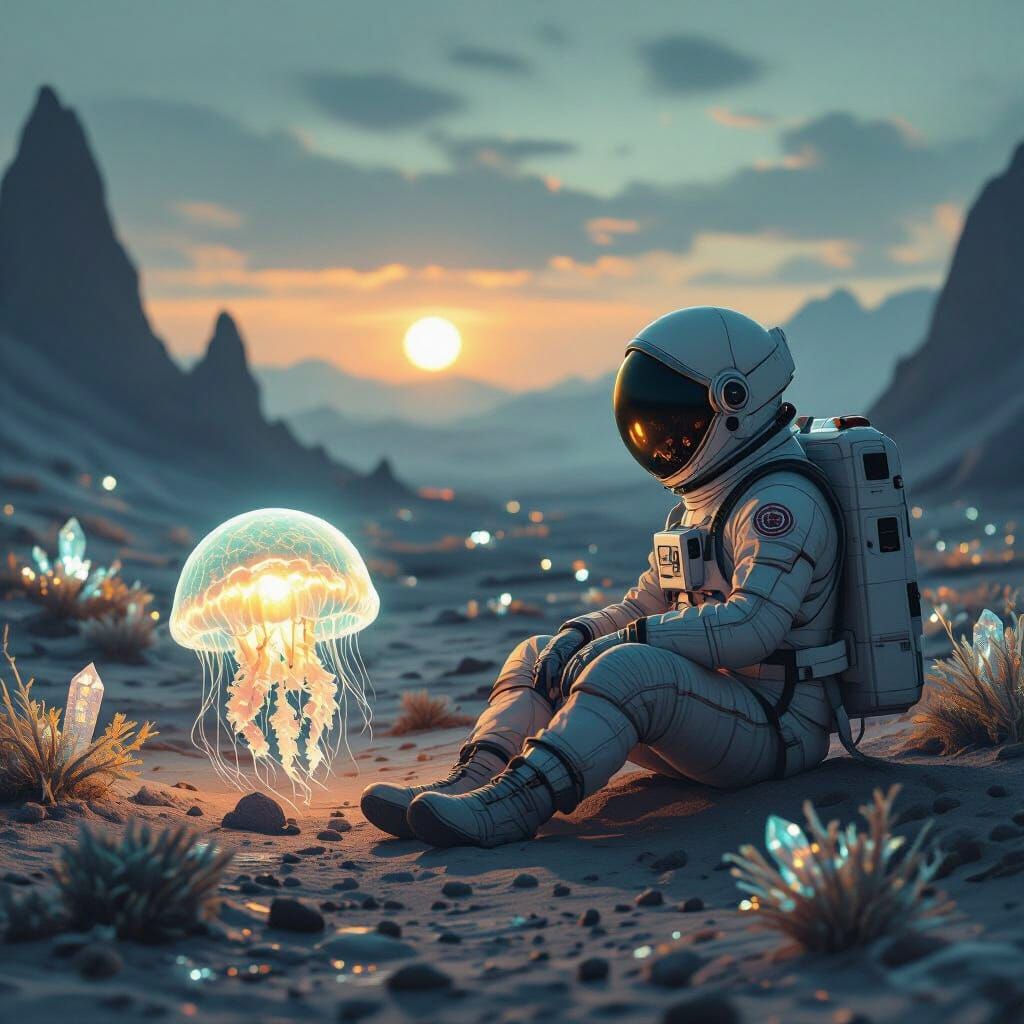 Astronaut Contemplates Alien World with Bioluminescent Jelly...