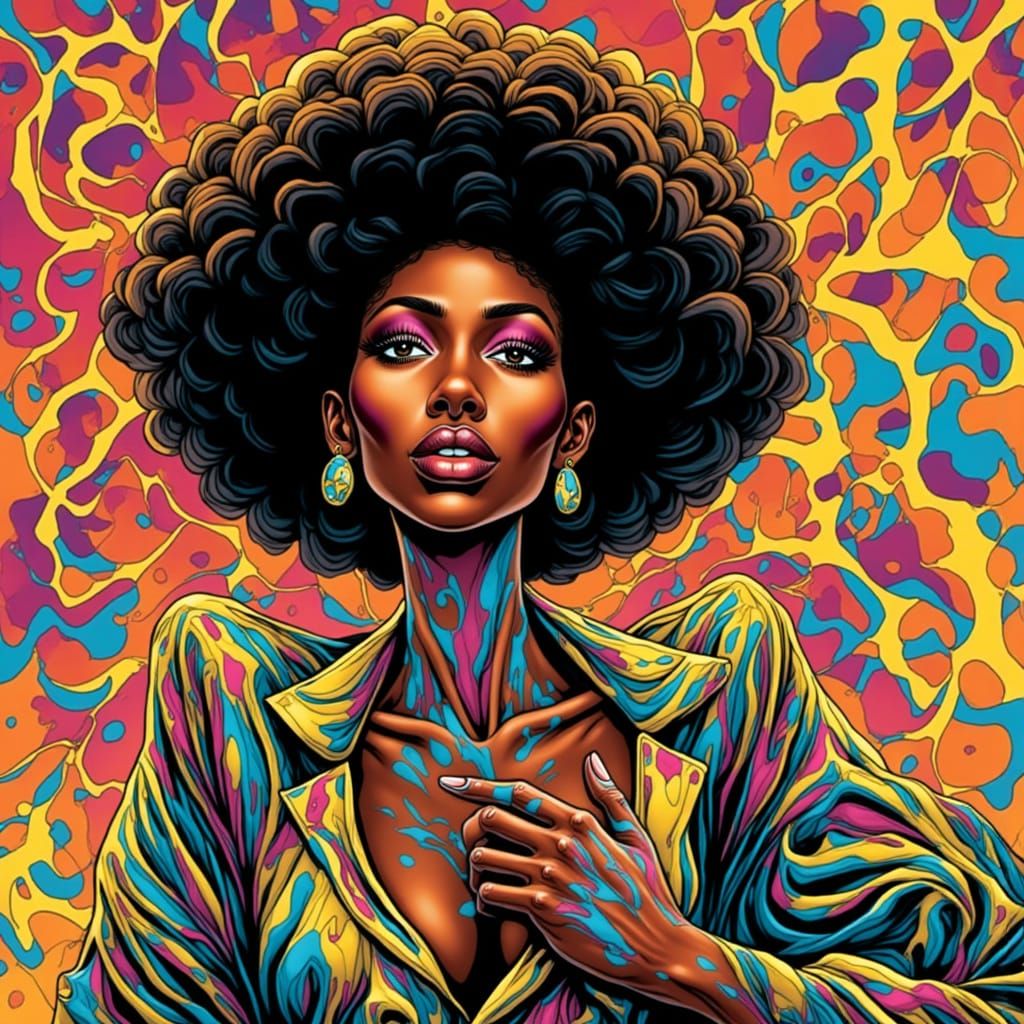 Psychedelic Comic Art: Confident Woman in Surreal Scene