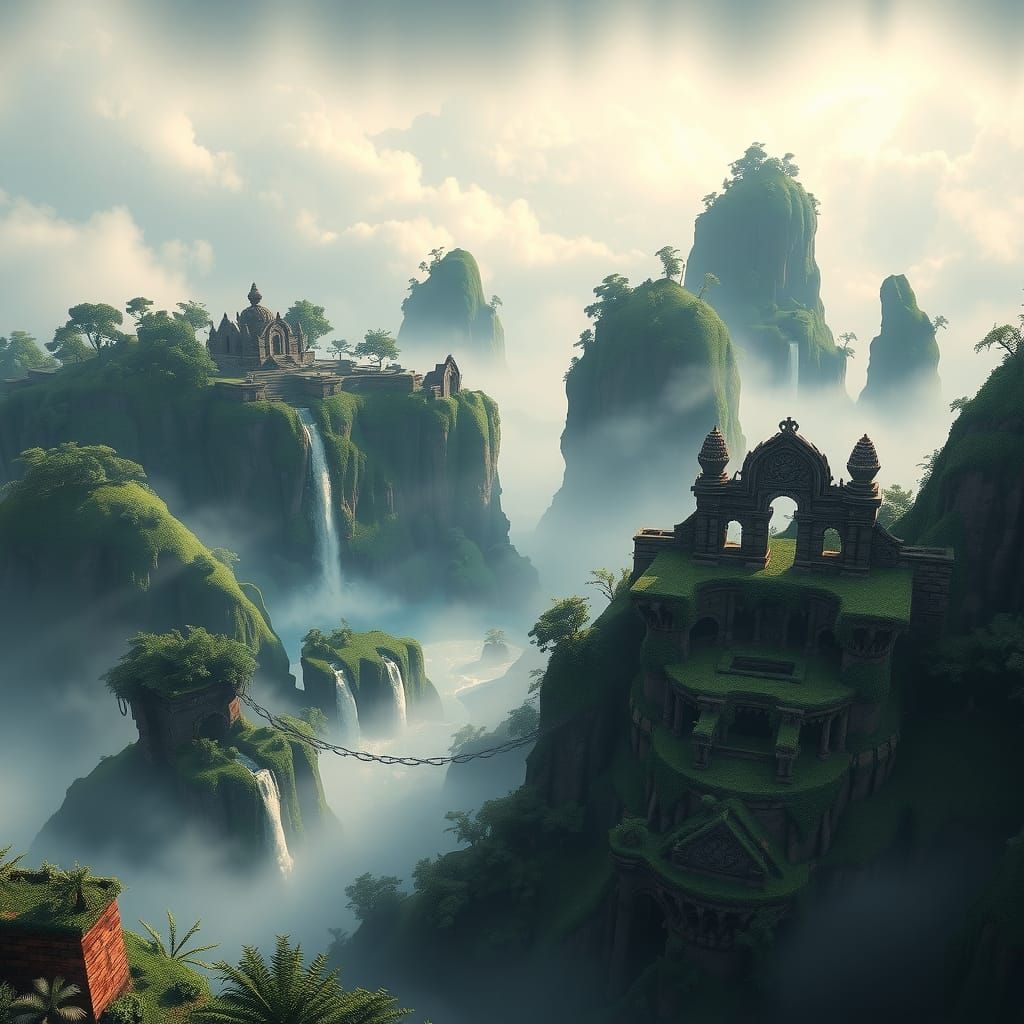 Lush Islands Emerging from Mist in Fantasy Style