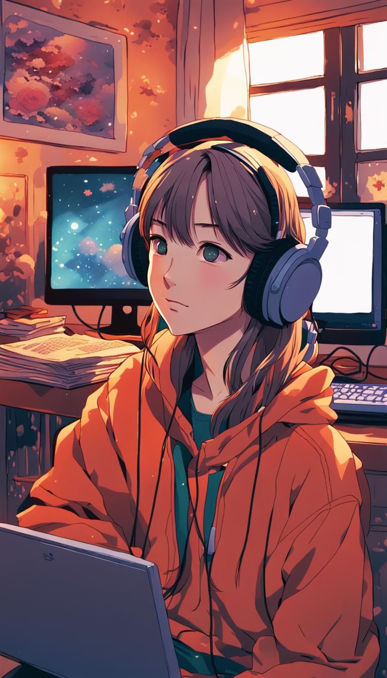 Anime Girl in Cozy Bedroom, 90s Style