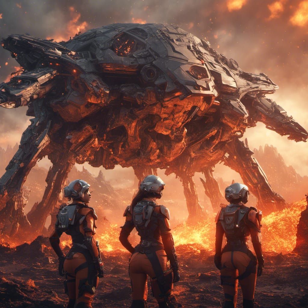 Fantasy Archeologist and Starship on a Fiery World