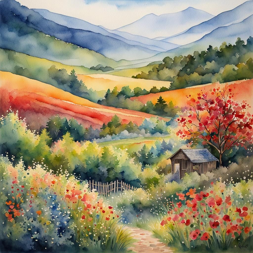 Vibrant Watercolor Landscape with Intricate Details