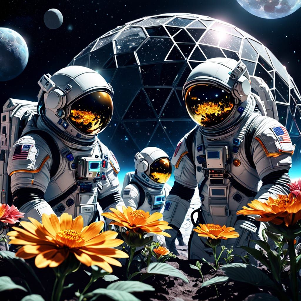Astronauts Cultivate Flowers in Lunar Geodesic Dome