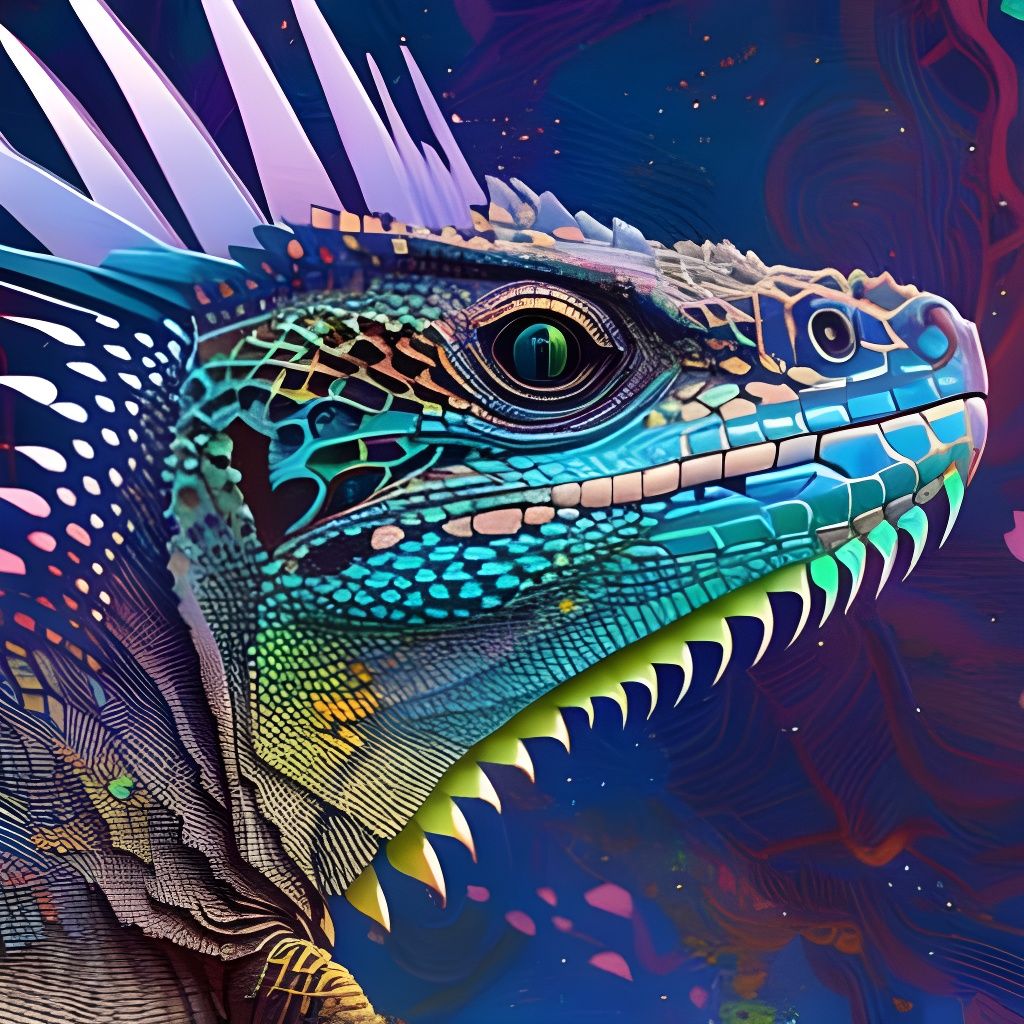 Detailed Crested Iguana Portrait with Iridescent Outlines