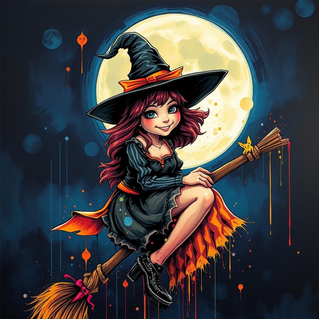 Pretty Witch Flying on Broomstick: Graffiti Art