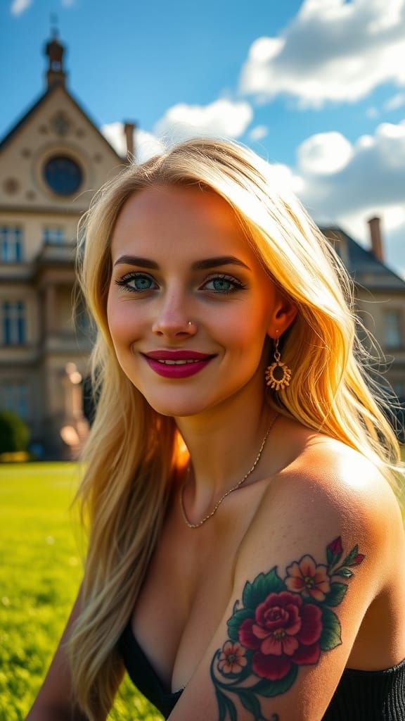 Blonde Woman Portrait with Floral Tattoos