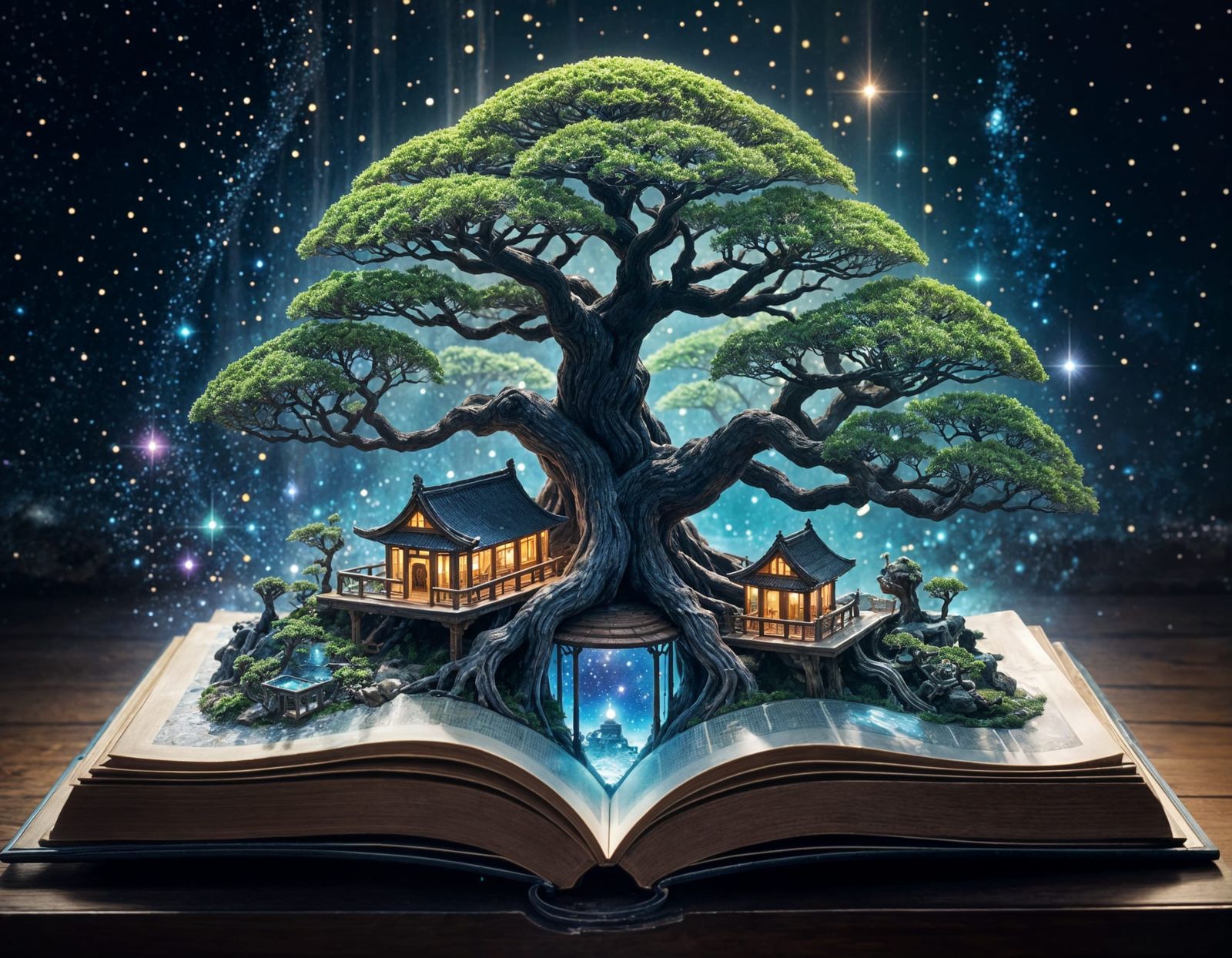 Miniature Fantasy World Unfolds from a Bonsai Tree Book