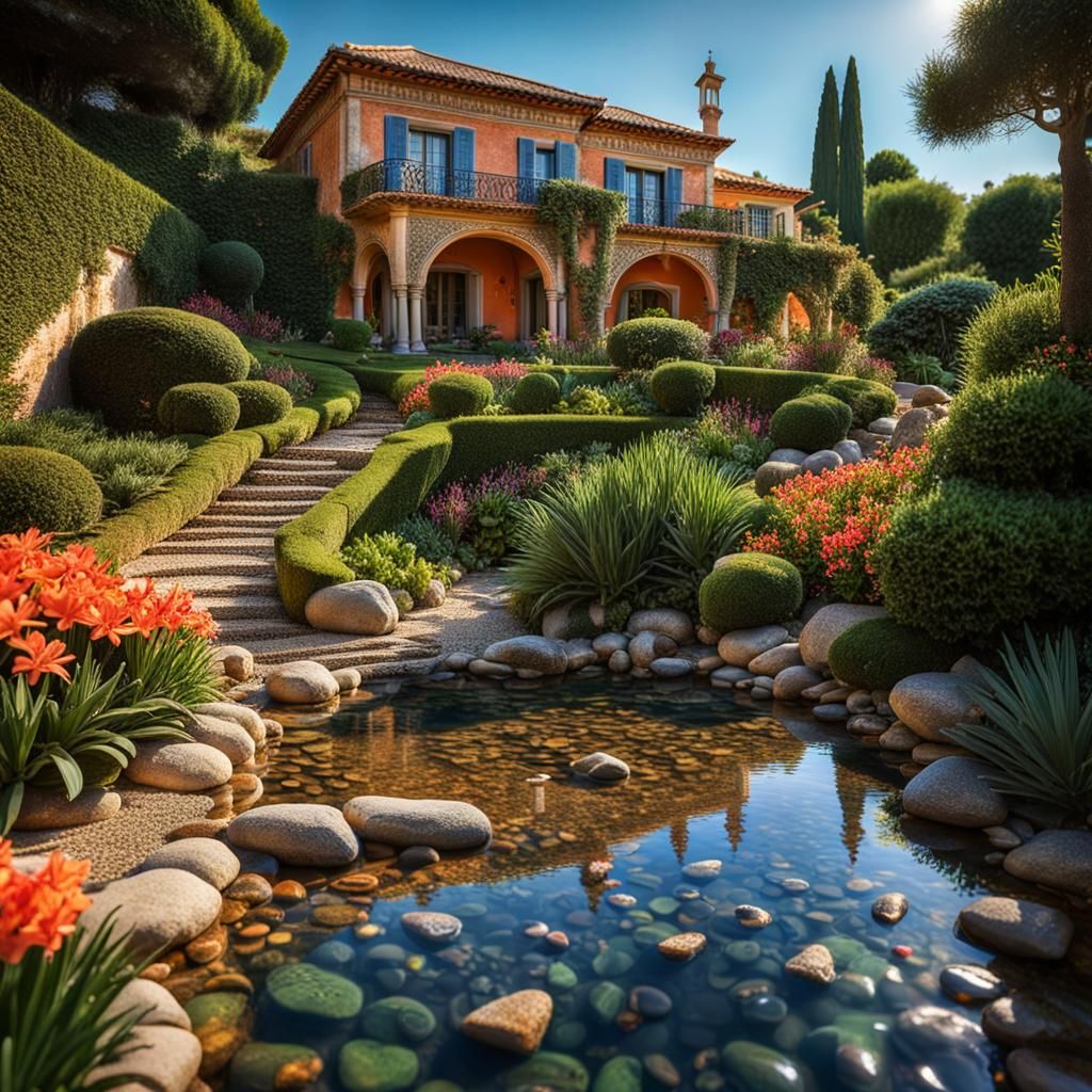 Idyllic Mediterranean Villa Stream in Hyperdetailed Style