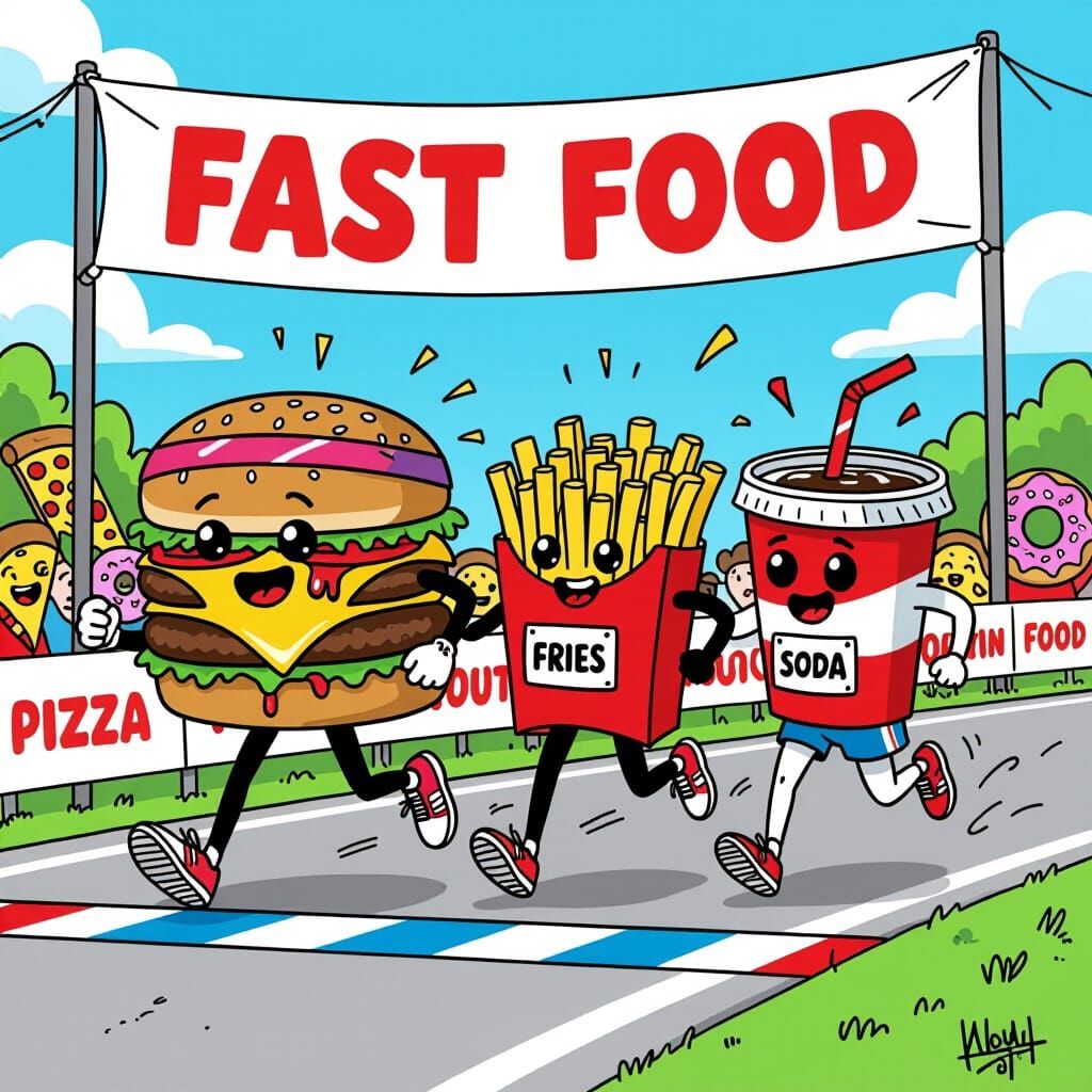 Fast Food Characters Race Marathon in Cartoon Style