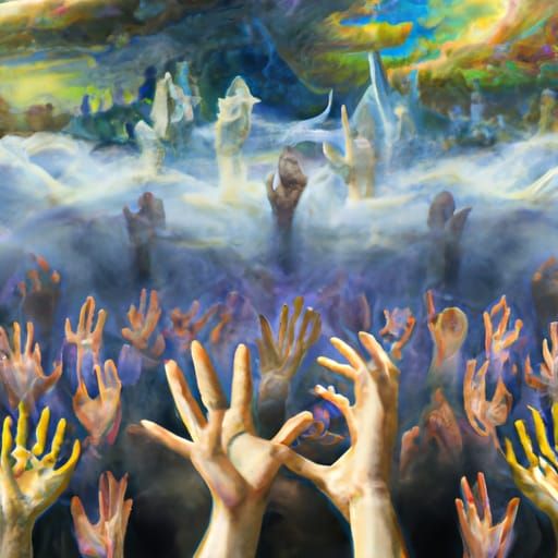 Ethereal Hands Waving in Misty Fantasy Landscape