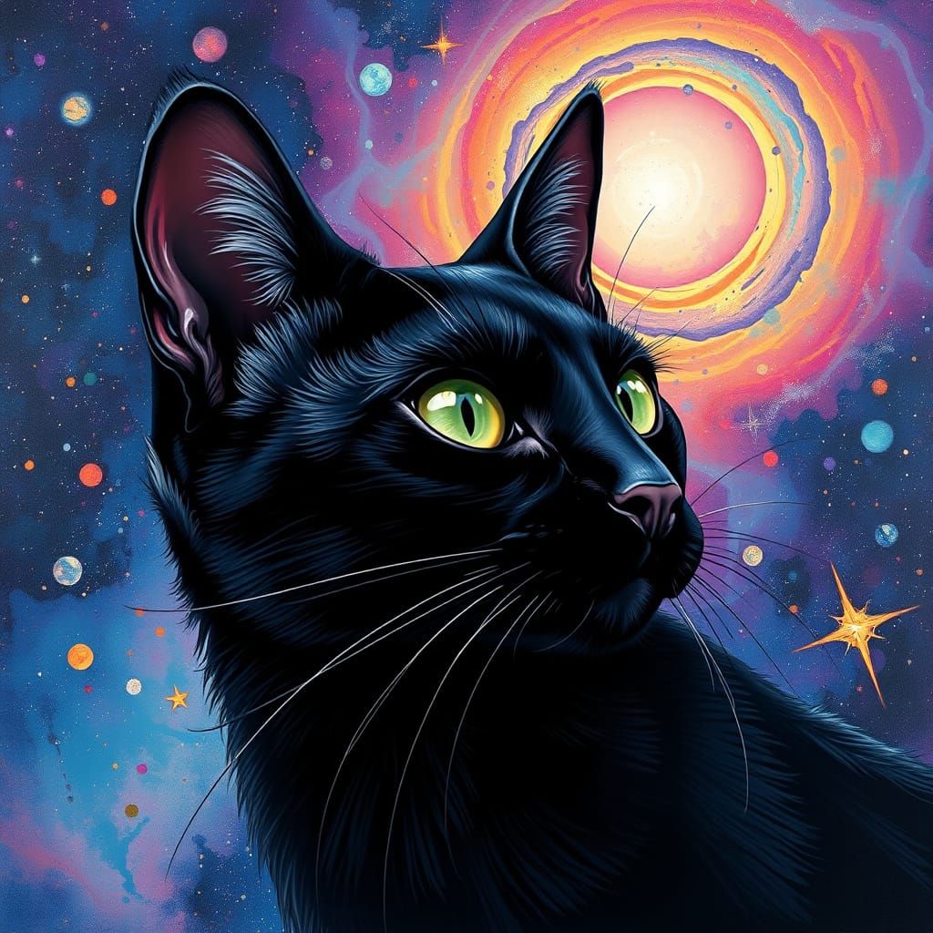 Surreal Black Cat in a Vibrant Cosmic Galaxy