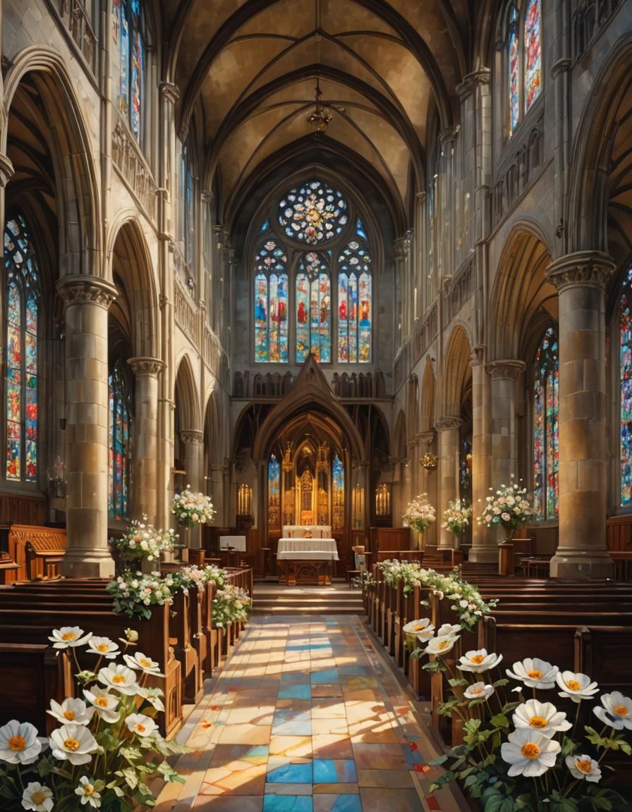 Cathedral Interior with Anemones: Oil Painting in Romantic S...