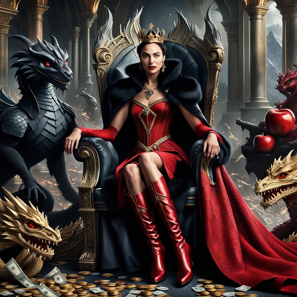 Gal Gadot as Evil Queen with Dragons and Throne