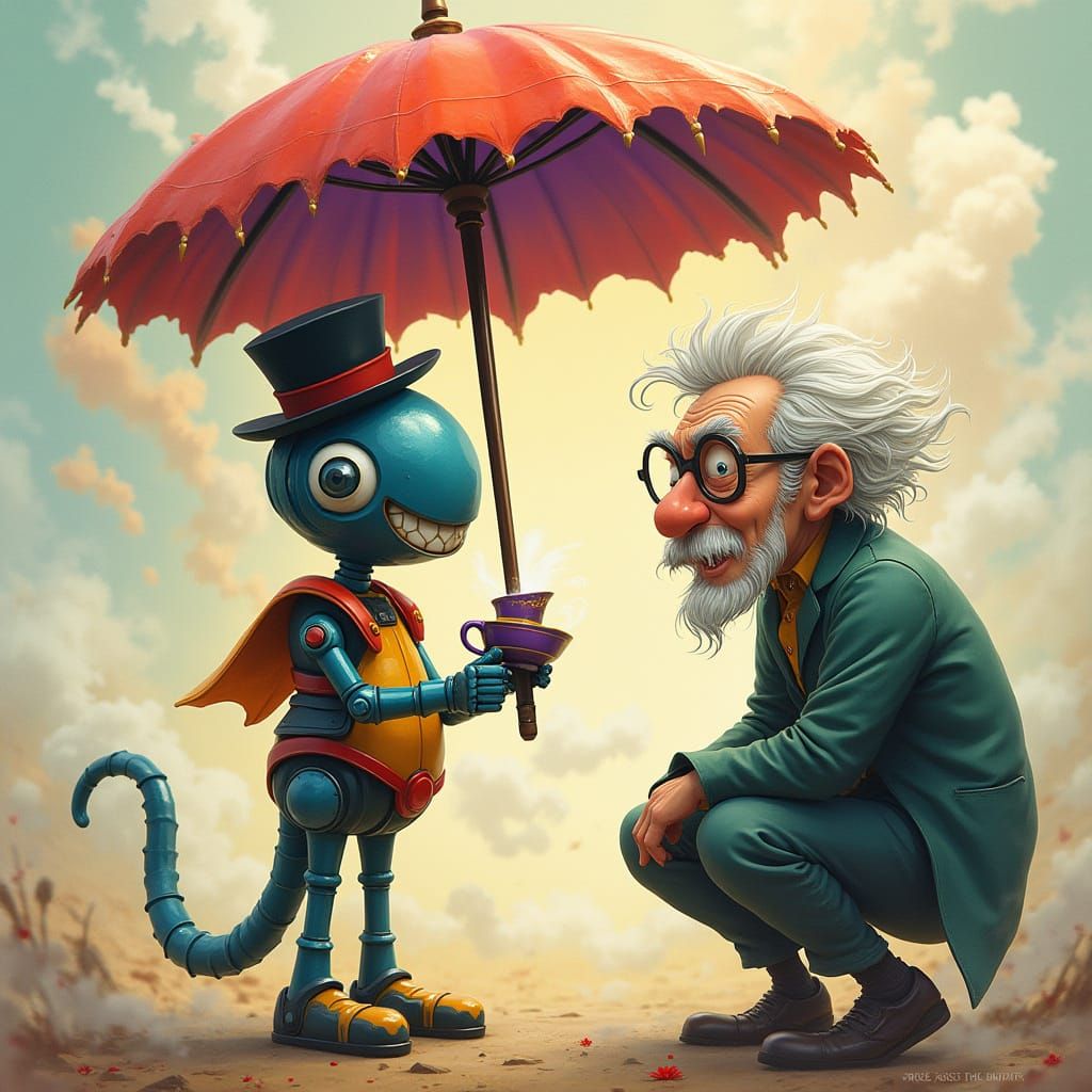 Whimsical Robot Under an Aerodynamic Umbrella, Surrounded by...