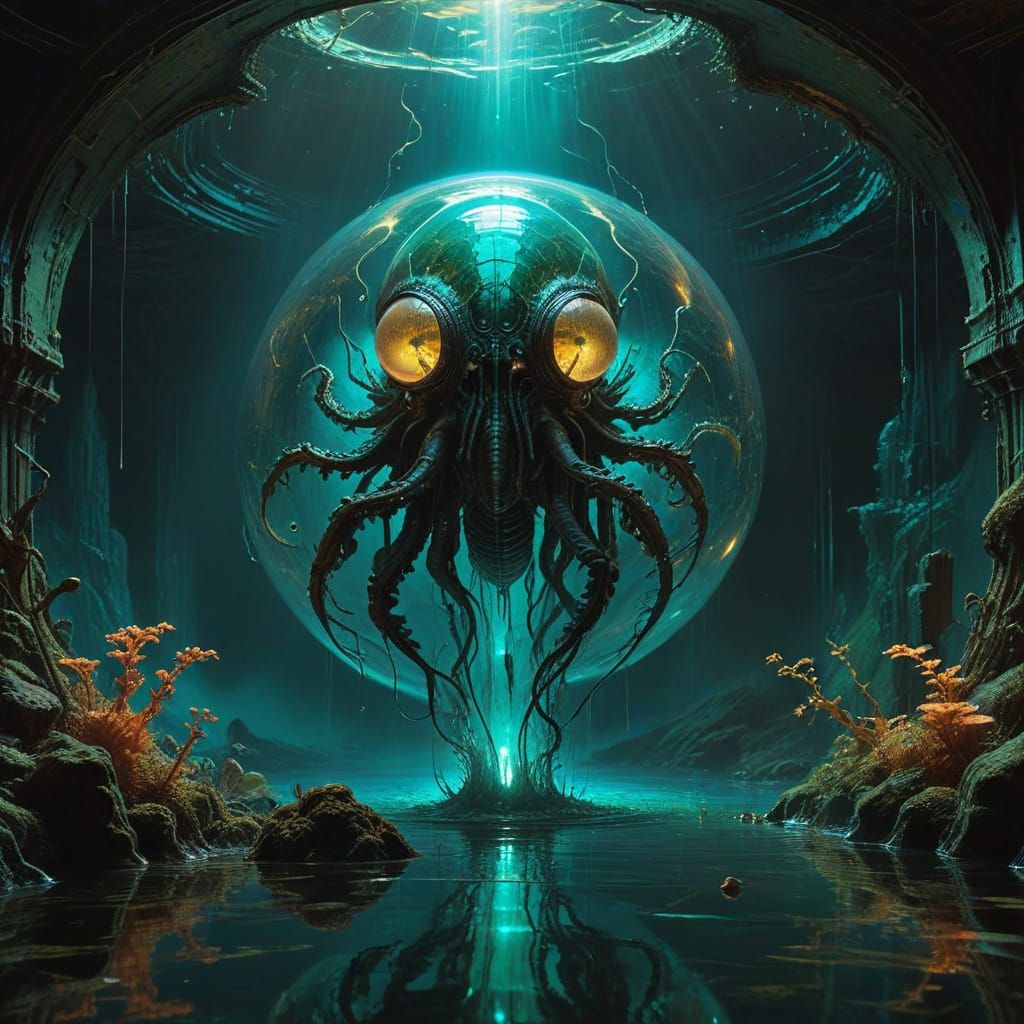 Surreal Lovecraftian Creature Erupts from Glowing Iridescent...