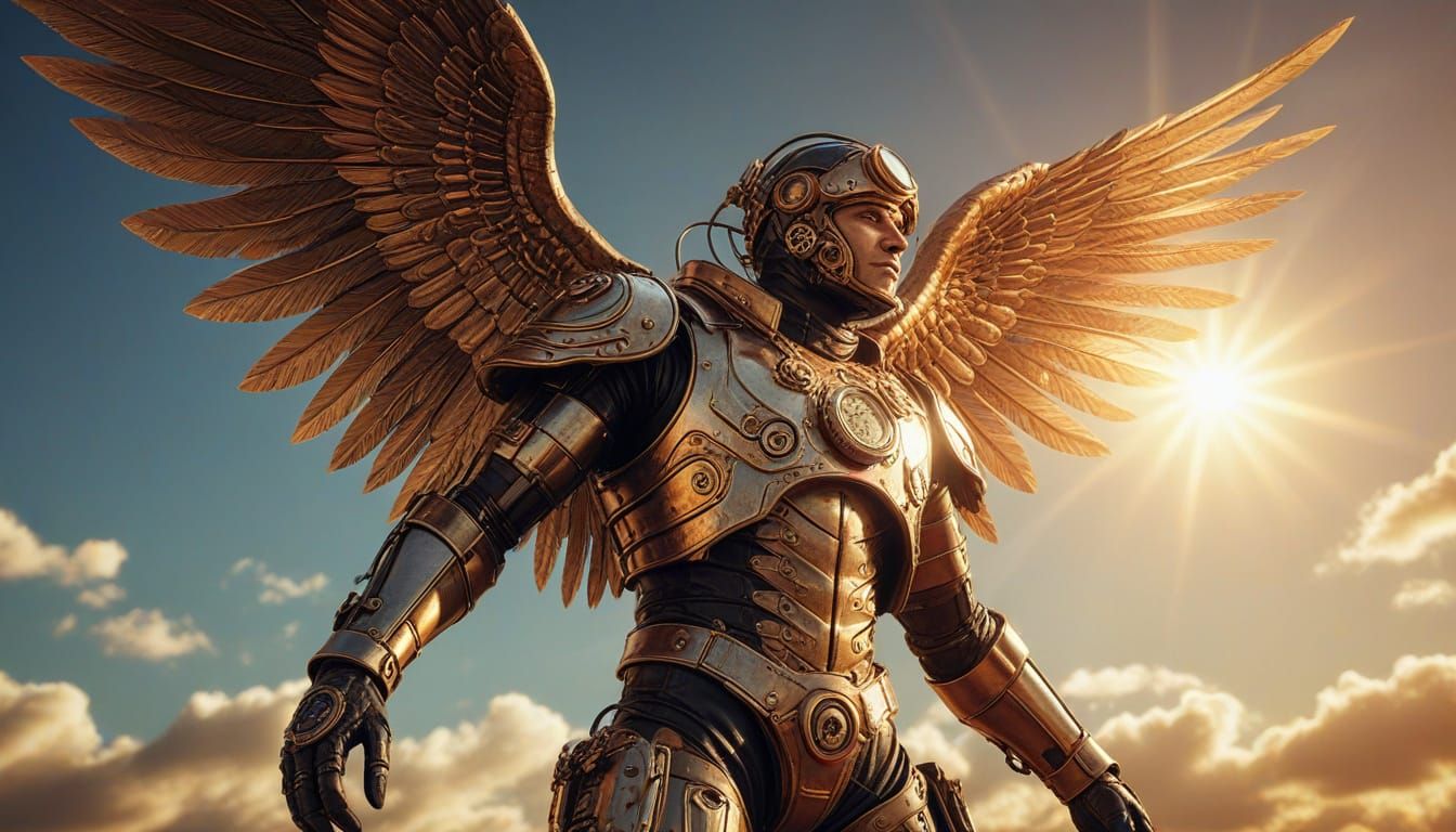 Steampunk Icarus Flies to the Sun in Exosuit