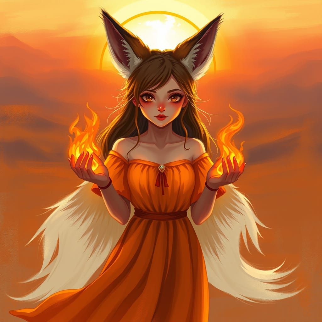Vibrant Fox Girl Ignites Sunset Landscape