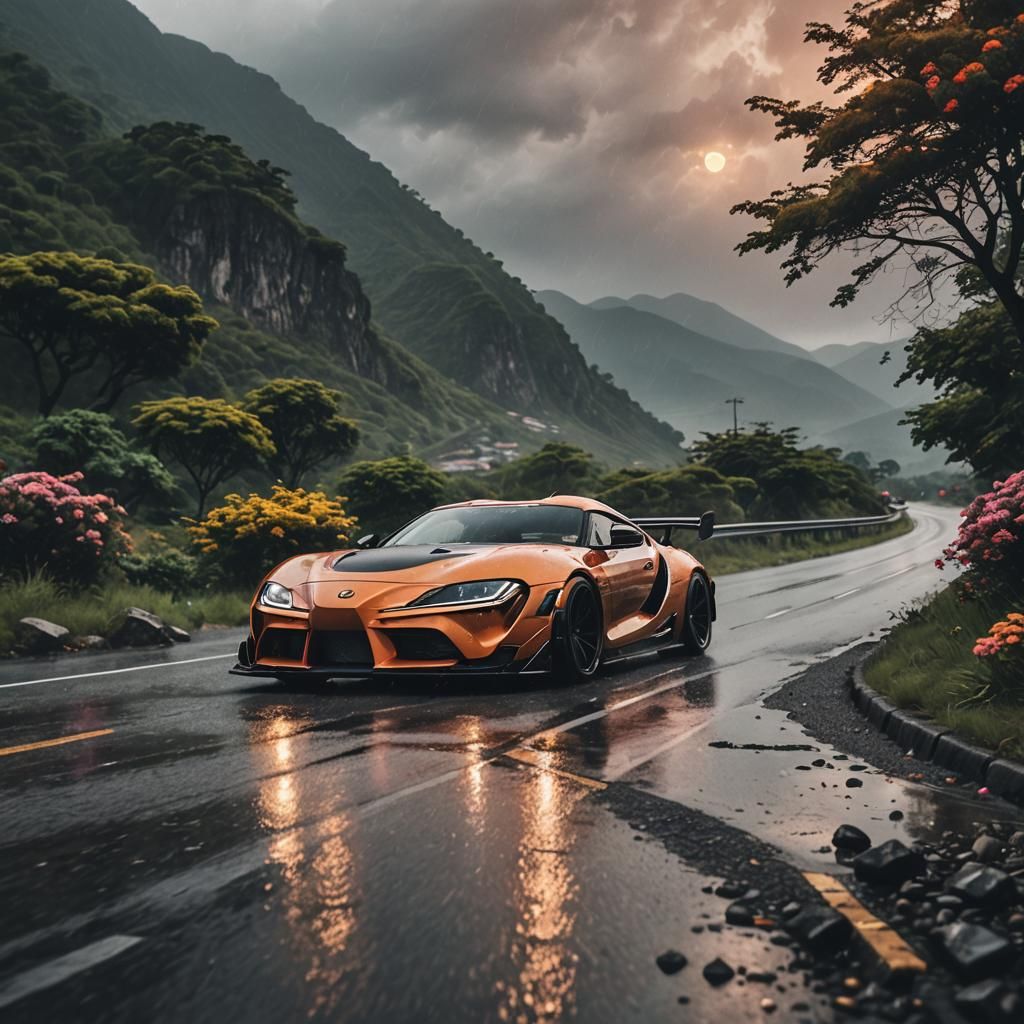 modified toyoto mk4 supercar supra  driving on the rainy roads with wonderfull sunset betweentwo mountains and having tr...