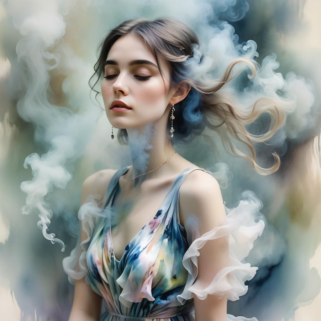 Girl in Watercolor Smoke: Surrealist Close-Up Portrait
