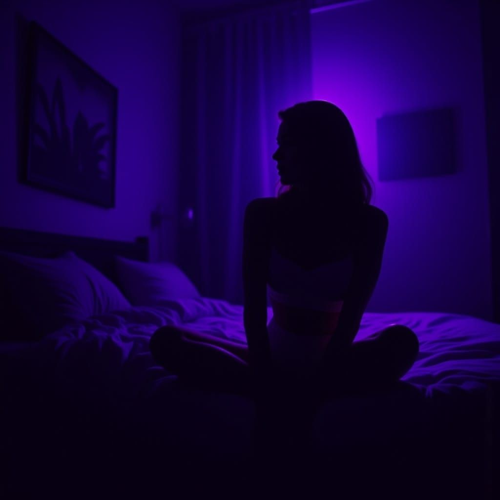 Silhouette of Woman in Dark Bedroom with Purple Lighting